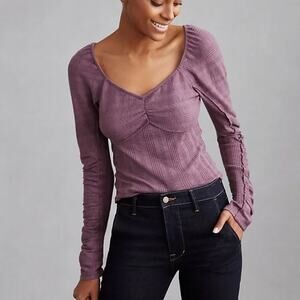 Anthropologie‎ Pilcro Ribbed Ruched-Sleeve Top in Mauve Purple Size M
